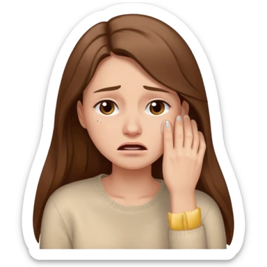 Woman with long brown hair crying, light beige sweater sticker