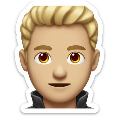 A man, with sharp red eyes and flowing blond short hair, eyes piercing straight ahead, mouth slightly turned up, have the spirit of overlord sticker