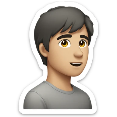 18 year old, male, brunete, short sideways fringe, grey tshirt, white pale sticker