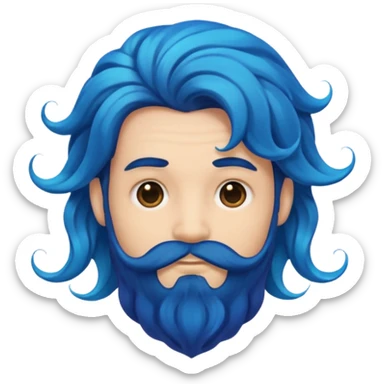 male with extra wavy, cascading blue mermaid hair and a thick, dark black beard, emoji style sticker