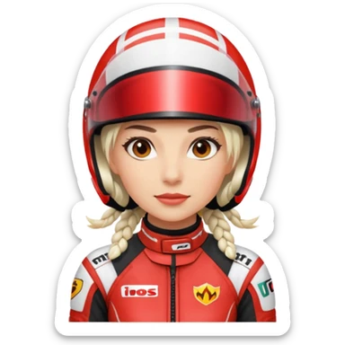 woman with white braided hair in red racer helmet sticker