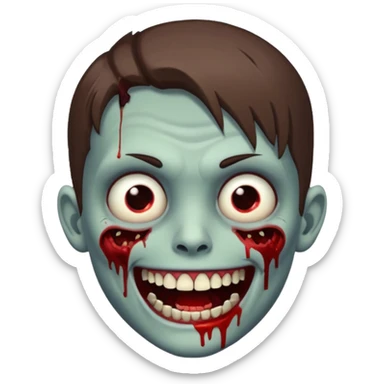 zombie boy with medium-length brown hair, white skin, and white eyes; an open smile, and bloodied teeth; sticker