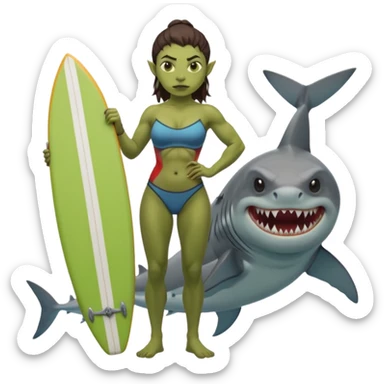 orc female holds a little surfboard with a shark painted vertically in his hands sticker