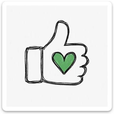 minimalist green thumbs up with a heart inside the thumb, hand drawn black outline style, white clean background, calm and secure feeling sticker