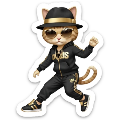 female cat dressed like Run DMC in tracksuit, fedora, Adidas shoes, dark sunglasses, lots of gold chains and bling accessories, break dancing sticker