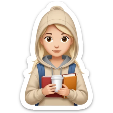 A flat-style illustration of a woman college student with a tote bag over the shoulder and a book in one hand and coffee. The student wears a hoodie. Clean cartoon style, white background, iOS emoji aesthetic. sticker