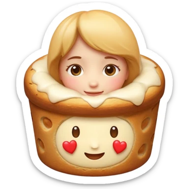 Apple-style emoji illustration of a cute face with dreamy eyes hugging a traditional panettone, small hearts floating around, soft 3D emoji style, smooth gradients, rounded shapes, warm festive colors, simple expression, centered composition, transparent background, no text. sticker