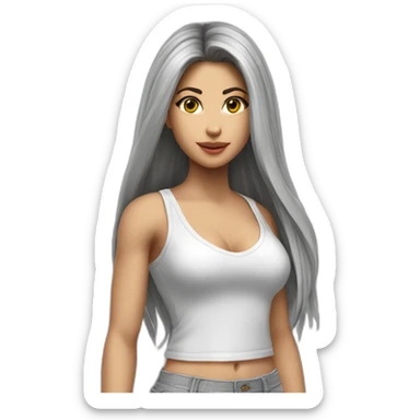 hyperrealistic shakira, long straight hair, white deep v-neck crop tanktop, gray tight mini skirt, frontal body view sticker
