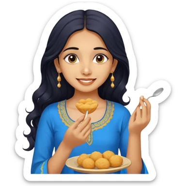 a pretty tan indian bratz girl with wavy long BLACK hair. eyeliner on, wearing a blue kurti, eating golgappa. NO SPOON sticker