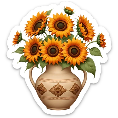 bouquet of bright orange sunflowers in a beige aesthetic vase in vintage style with beautiful ornaments of brown color sticker
