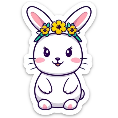 rabbit with a flower crown, surrounded by wildflowers, May Day festival, cheerful expression sticker