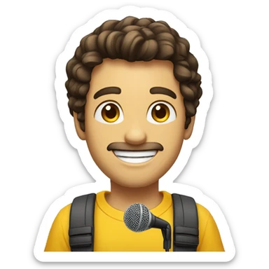 I want a brunette emoji with a microphone in his hand and with a yellow shirt and a happy look and smile sticker