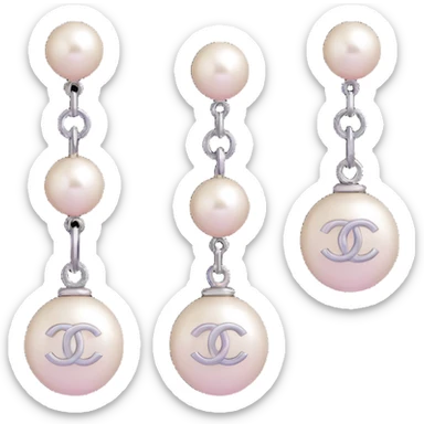 3D emoji-style pearl drop earrings with a small silver Chanel logo charm, elegant sticker