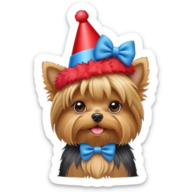 Yorkie red party hat blue bow sticker