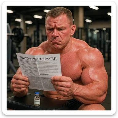 beginner bodybuilder reading Italian leaflet of aromatase inhibitor, vial labeled 'Testosterone' nearby, swollen muscles but red skin, doubtful atmosphere, gym background, 4K quality sticker