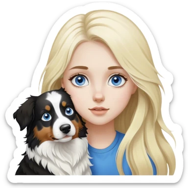 pale girl with blue eyes and long blonde hair and black white Australian shepherd. sticker