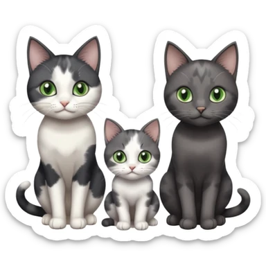 3 different coloured small cats including a dark grey and white, and a patchy calico and a completely solid dark grey with green eyes and only white paws sticker