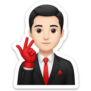 Man with black suit one hand up and a red cuff around upper arm sticker