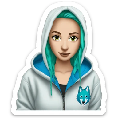 white girl with long bright blue wolf cut hair wearing green zip up nike hoodie sticker