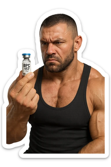 BODYBUILDER CHE TIENE IN MANO UNA FIALA MEDICA CON la scritta "BPC 157" SULL'ETICHETTA E LA GUARDA DUBBIOSO, iperrealistico 4k sticker