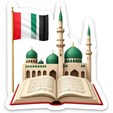 An icon featuring the mosque and the big flag of United Arab Emirates, symbolizing the Arabic language. The design includes an open book with Arabic script and calligraphy, representing language learning and cultural heritage. Transparent background sticker