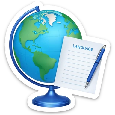 Create an emoji representing language translation. The design should feature a globe in the background, symbolizing international communication. In front of the globe, place two books or sheets of paper with texs on them and a pen nearby to indicate the act of writing. Use a clean and professional color palette with blues, greens, and neutral tones. Make the background transparent. sticker