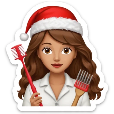 mujer peinandose en la peluqueria y con un gorro de navidad, cabello largo café y ondulado sticker