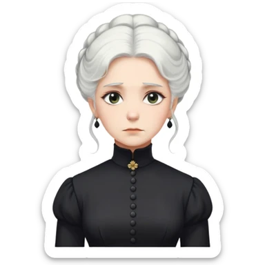 A Victorian woman with elegant coiffed white hair and light eyes wearing a modest black turtleneck mourning dress looking down with a forlorn expression sticker