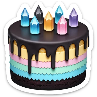 Three layer black cake adorned with overflowing raw pastel crystals  sticker