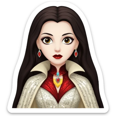 Countess Dracula with long dark brown hair, ivory sequin outfit  sticker