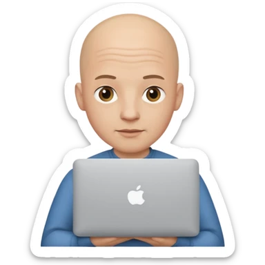 bald yong guy with macbook  no wringle on face sticker