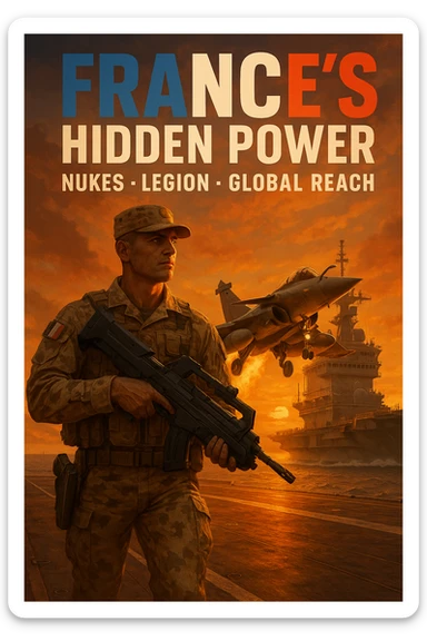 cinematic sunset of Rafale jet launching from French carrier with orange glow, foreground featuring a Foreign Legionnaire in desert camouflage holding a futuristic weapon, bold tricolor text 'FRANCE’S HIDDEN POWER' with subtext 'Nukes • Legion • Global Reach', epic, 8K resolution sticker