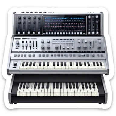Create a professional and detailed emoji that represents sound design equipment. The design should feature a high-end Korg synthesizer, a sound mixing console, and a control panel with audio cables connecting to large studio speakers. Surround the equipment with sound waves made of musical notes to symbolize the creative process of shaping sound. Use sleek colors like silver, black, and neon accents to highlight the high-tech nature of the equipment. The background should be transparent. sticker