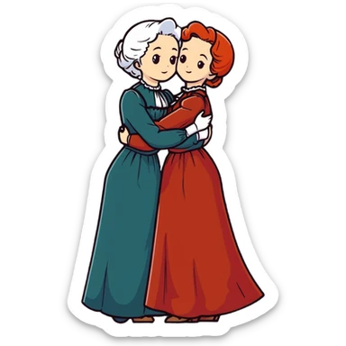 Two modest Victorian women hugging, one with white hair and one with copper red hair, wearing long Victorian dresses sticker