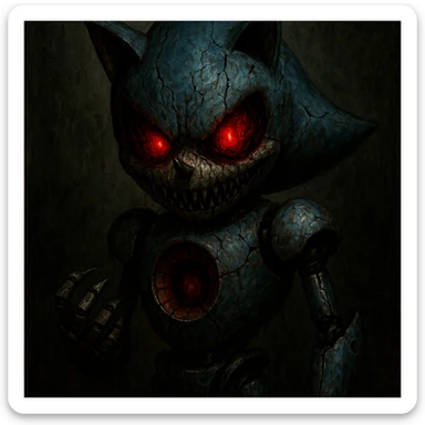 scary Metal Sonic.exe character, horror style, cracked metal face, sinister glowing eyes, menacing look, normal background sticker