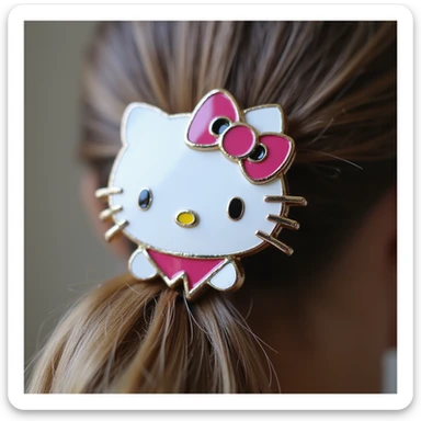 realistic Hello Kitty hair pin metallic with enamel paint, Hello Kitty's face and pink bow, macro shot, white background sticker