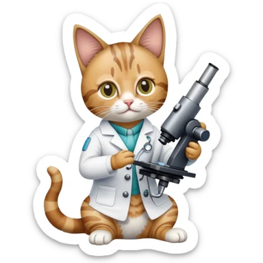 cat full body sitting with a microscope and scientist outfit sticker