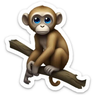 A cute tiny kawaii monkey with blue face and fluffy brown fur and big black eyes sitting on a branch with a long tail hanging down sticker