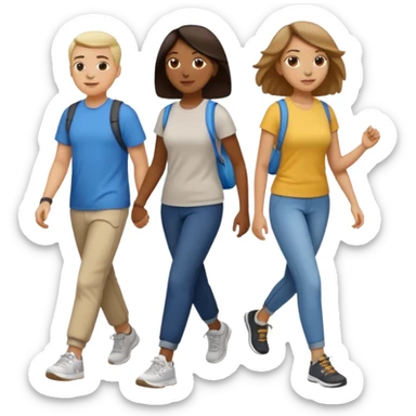 iOS emoji style - a men and 2 women in casual clothes and wearing trainers - friends walking quickly together

 sticker