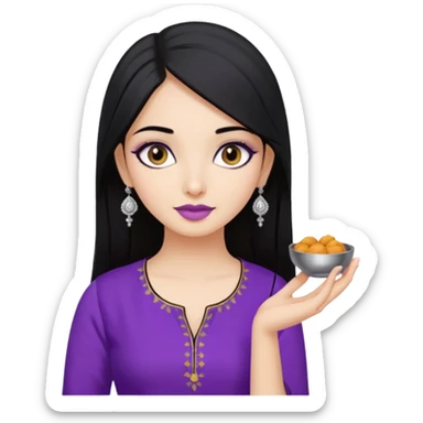 a pretty bratz girl with straight black hair, wearing a purple kurti, silver jhumkas, eyeliner, carrying momos sticker