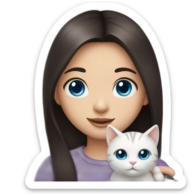 Cute girl with straight dark hair and blue eyes and hold a little cat sticker
