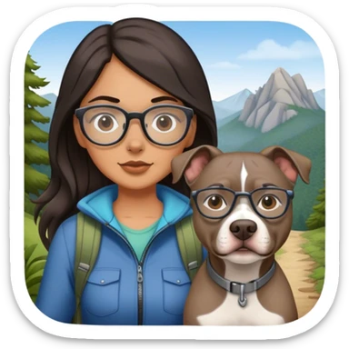 Girl with long dark hair and glasses hiking with grey pitbull sticker