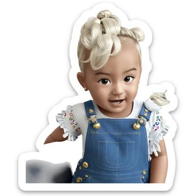 girl in overalls with jewelry sticker