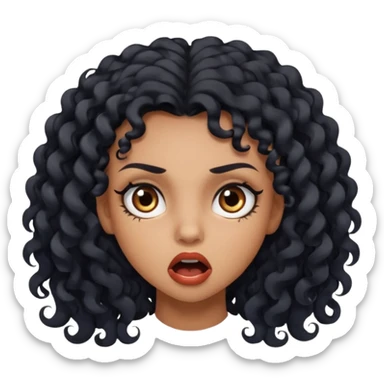 girl with long black curls and brown eyes, brown skin, eyelashes, siren eyes, make her mouth open and mad expression sticker