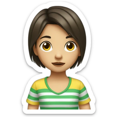 little girl with dark brown short hair wears striped green and yellow shirt giving a thumbs down sticker