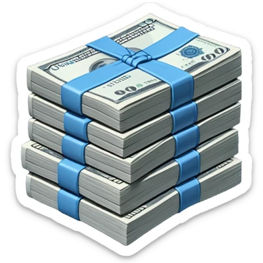 a massive bound stack of blue-and-white banknotes, koan bills , 90s futuristic, the band is dark gray sticker