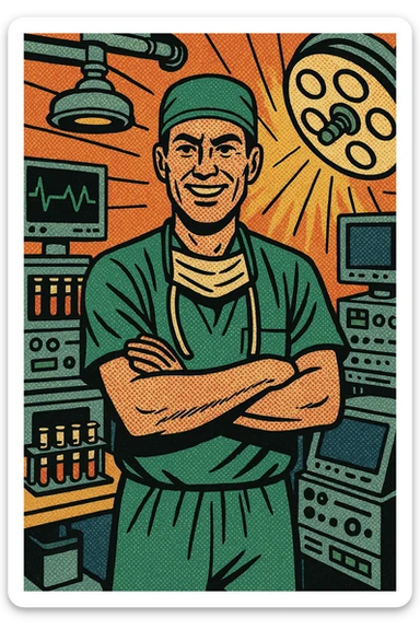 A male doctor standing in the middle of a hospital surgery room.  In the room are computers, heart monitors, a rack of test tubes and other types of medical technology. sticker