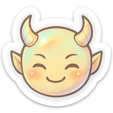 devil emoji, chibi style, holographic effect, iridescent pale yellow and peach, elegant horns, sweet smile sticker