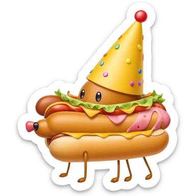 A hotdog with legs wearing a party hat sticker