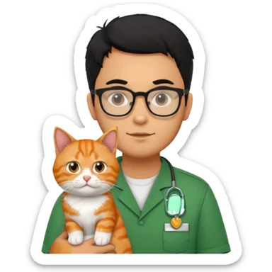 Veterinario hombre trigueño con lentes, con cabello negro, y con uniforme veterinario color verde cargando un gato naranja sticker